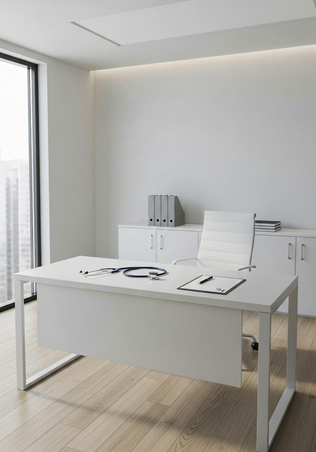 Salle de soins claire, avec bureau blanc, siège et instruments médicaux devant une grande fenêtre
